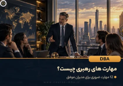 تصویر شاخص مهارت های رهبری برای مدیران موفق، نمایش یک رهبر سازمانی در حال هدایت تیم و تصمیم گیری استراتژیک برای توسعه کسب و کار